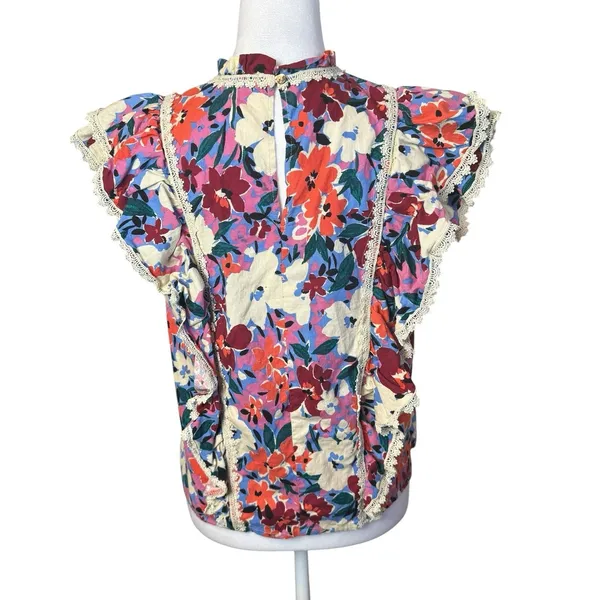 Karlie Floral Ruffle Top Large Multicolor Linen Blend Flutter Sleeve Lace Trim‎ - Image 4