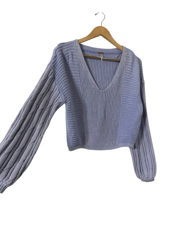 FREE PEOPLE When It Rains Vneck Cotton Blue Sweater Pullover Top - Image 3