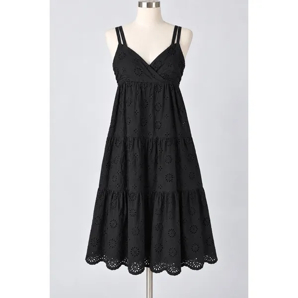 Zara Black Cotton Eyelet Embroidery Tiered Midi Dress Small Smocked Back Strappy - Image 2