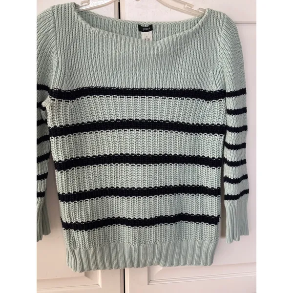 J.Crew Womens Mint Green Navy Blue Striped Cotton Chunky Knit Sweater Size Small - Image 2