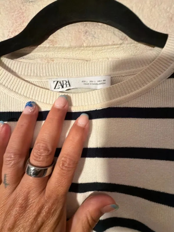 Zara Black and White Striped Ribbed Knit Short Sleeve Crop Top Size L - Image 2