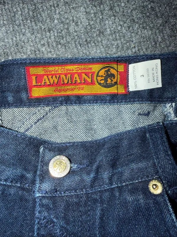 vintage Lawman high-waisted dark wash denim shorts featuring prominent gold-tone - Image 7