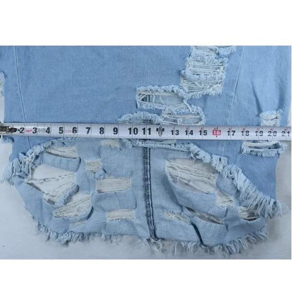 Vibrant MIU Light Wash Distressed Denim Shift Dress Shredded High Low Hem Blue - Image 4