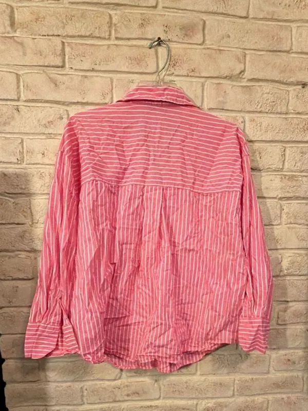 Zara Pink and White Striped Long Sleeve Button Down Shirt Size M - Image 5