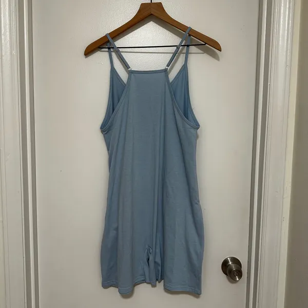 Women's Light Blue Sleeveless V-Neck Pocket Adjustable Sunsuit Romper, Size S - Image 2