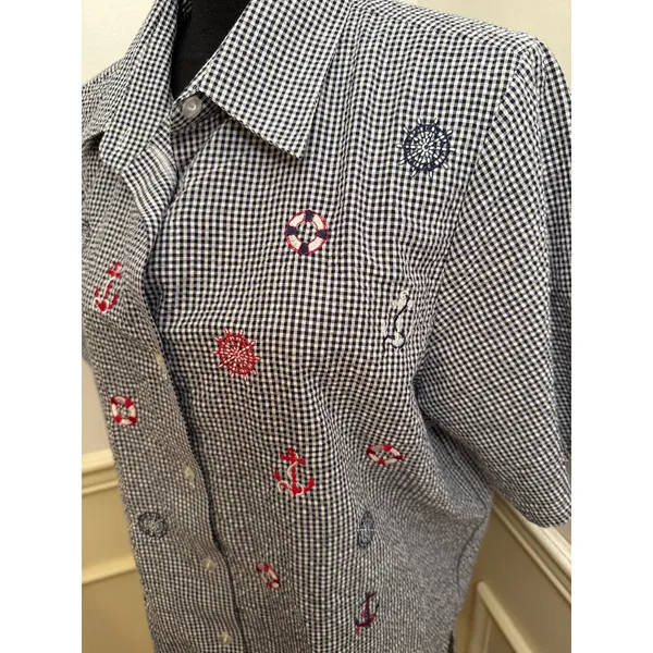Vintage Bonworth Cottagecore Coastal Gingham Short Sleeve Button Up Embroidered - Image 4