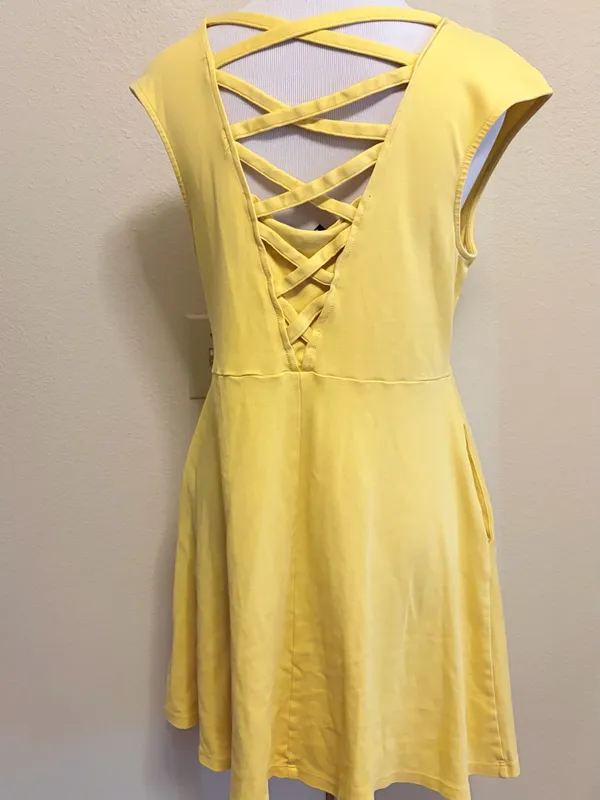 New York & company medium Yellow Cap-Sleeve Lattice-Back Fit & Flare Dress - Image 6