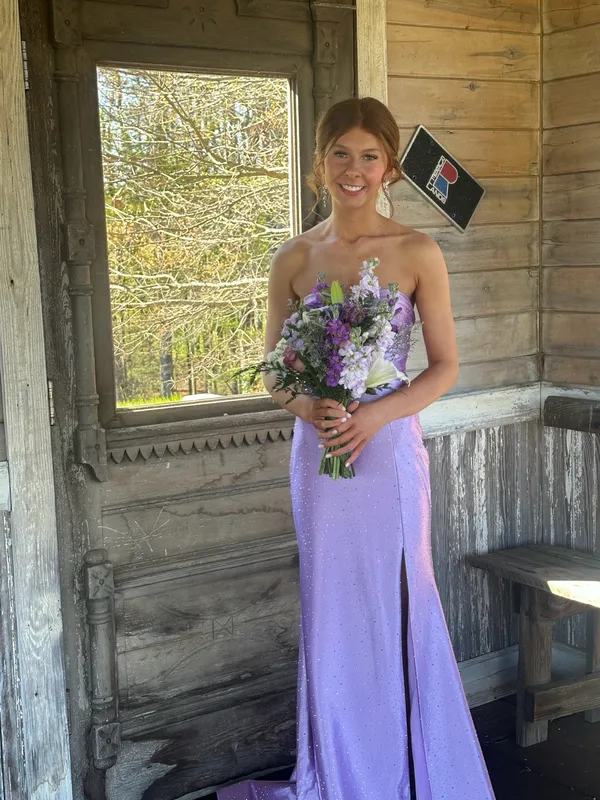 Stacees purple strapless prom dress with cut outs - Image 3