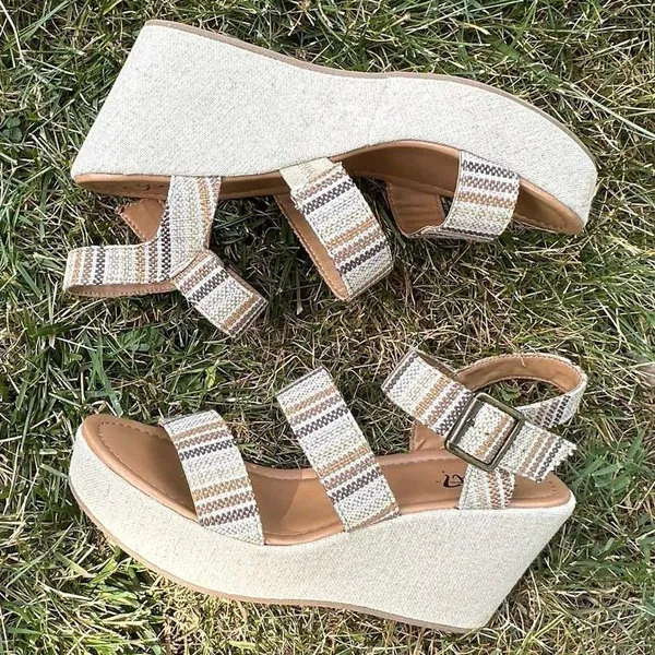 Y Not Bea Strappy Wedge Textured Sandals Womens 9 Natural Stripes Boho Platform - Image 4