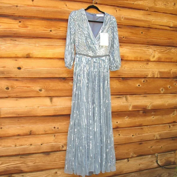 Mac Duggal Size 4 Blue Sequin Wrap Over 3/4 Sleeve Maxi Dress Gown - Image 5