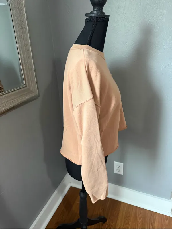 Aerie Pocket Crewneck Crop Sweatshirt Tan Soft Rough Hem XS. - Image 5