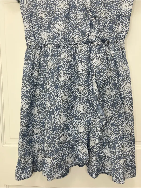 J. Crew Light Blue Denim Floral Printed Faux Wrap Mini Dress - Size Small - Image 6