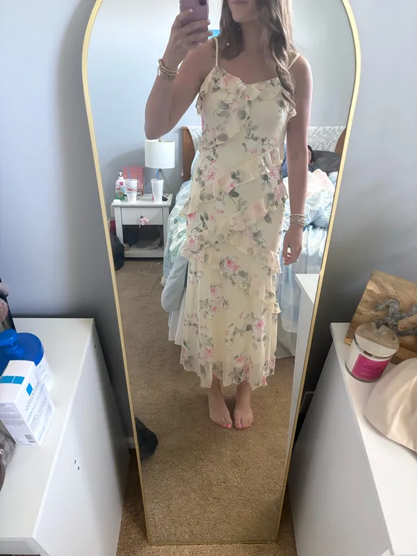 Formal Floral Dress Tan Size M - Image 3