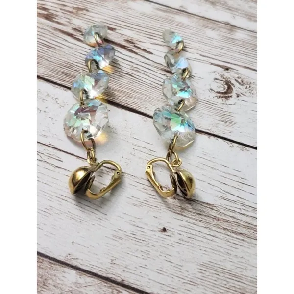 Vintage Clip On Earrings Chunky Clear/Iridescent Long - Fair Condition - Image 5