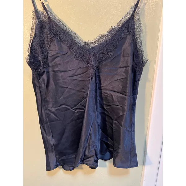 Primark Women's Size 10-12 Camisole Tank Top V-Neck Eyelash Lace Navy Blue Silk - Image 8