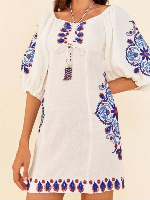 FARM Rio Off-White Navy Embroidery Mini Dress S - Image 3