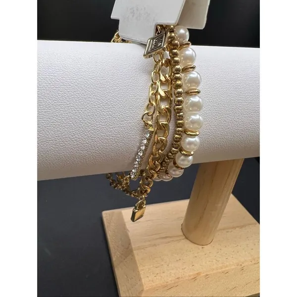New Laundry by Shelli Segal Gold Toned Chain and Faux Pearl 4 Layering Bracelets - Image 4