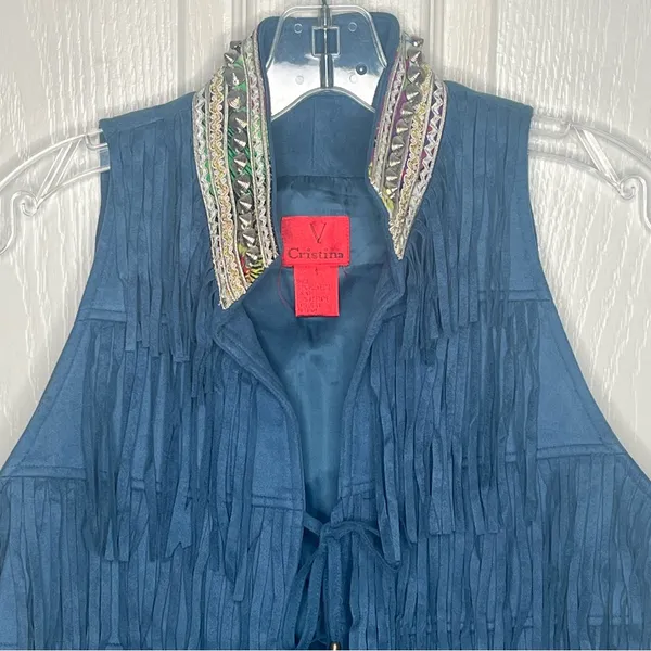V Christina Faux Suede Fringe Blue Vest Size S Festival Ready Boho - Image 2