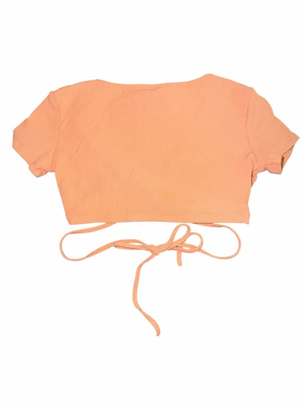 White Fox Boutique “My Mind’s Set” Ribbed Tie-Front Crop Top – Peach / Apricot - Image 5