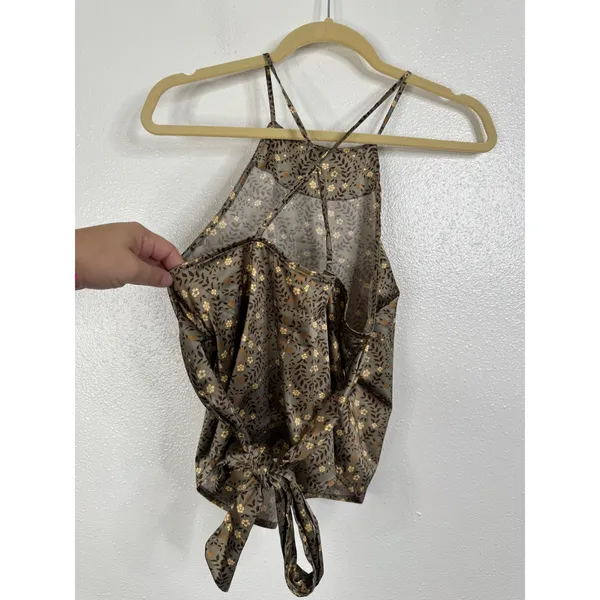 Intimately Free People Floral Halter Top Brown Gold Satin Tie Back Small S P - Image 2