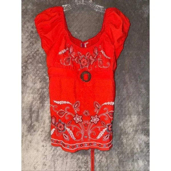 Vintage Y2K Orange Embroidered Belted Waist Short Sleeve Top Large #757 - Image 2