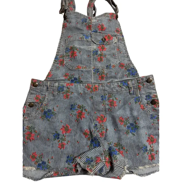 Free People Floral Hickory‎ Stripe Denim Shortalls Blue White Pinstripe Size 8 - Image 2