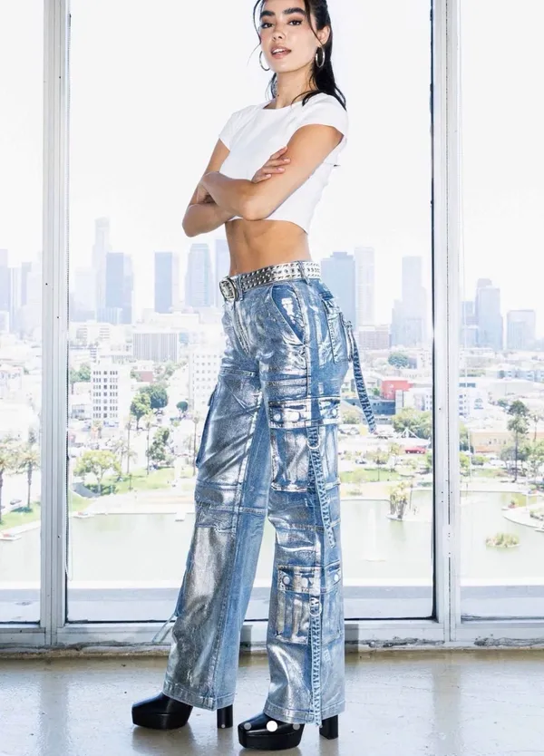 Vibrant M.I.U. Metallic Wide leg Cargo Denim Pants - NWT - Womens Size L 32”W - Image 2