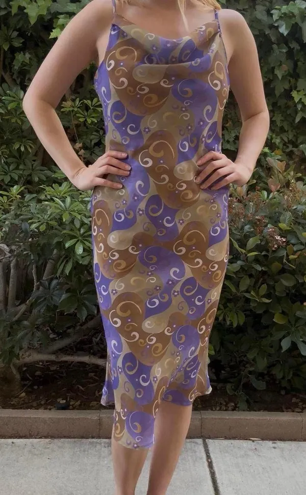 Vintage Purple Swirl Cowl Neck Midi Dress - Image 2