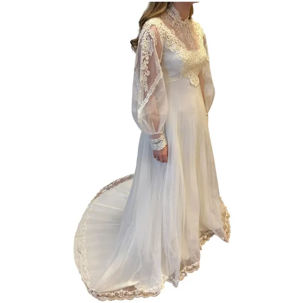 Vintage 1960s Lace Illusion High Neck Bridal Wedding Gown w/ Train XS - Image 14
