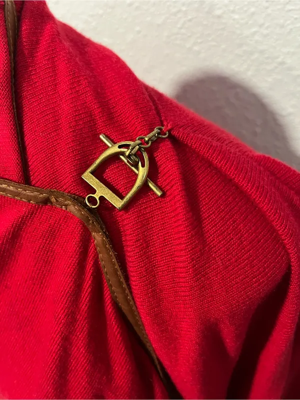 Ralph Lauren Red Drape Open Cardigan Leather Trim Women's Sweater Size Small - Image 3