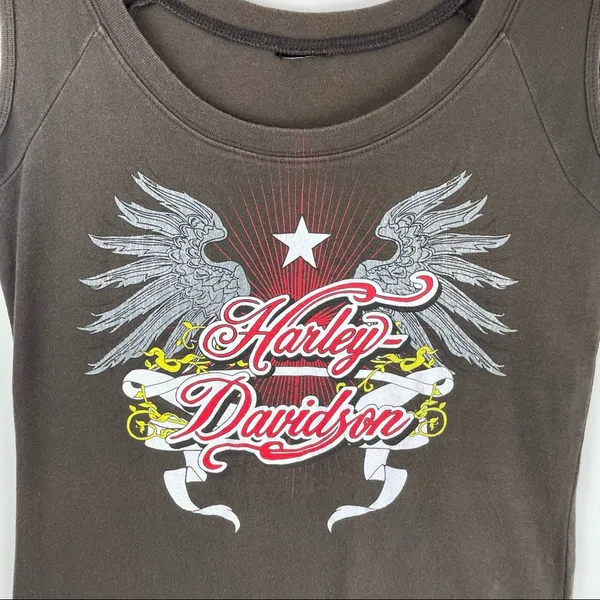 Vtg Y2K Harley Davidson Sleeveless Top Logo Graphic Brown Sz Large - Image 4