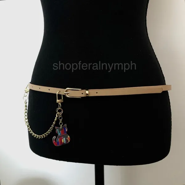 Tan Y2K Bookworm Cat Charm Skinny Chain Belt, Fits 33.5-35 Inches, X7GA1243 - Image 5