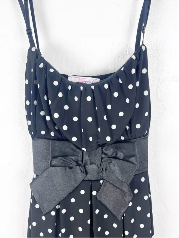 LIPSTICK Black White Polka Dot Bow Waist Spaghetti Strap Bubble Hem Dress Small - Image 8