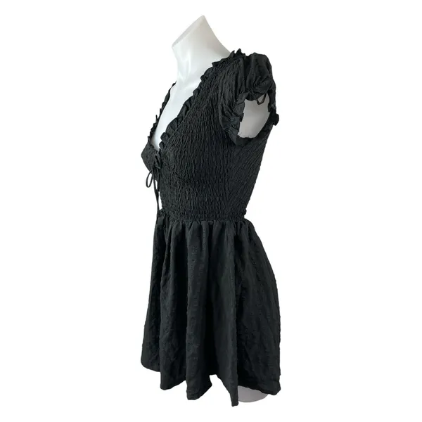 Princess Polly Black Smocked Ruffle Scoop Pleated Short Sleeve Romper Shorts 0 - Image 2