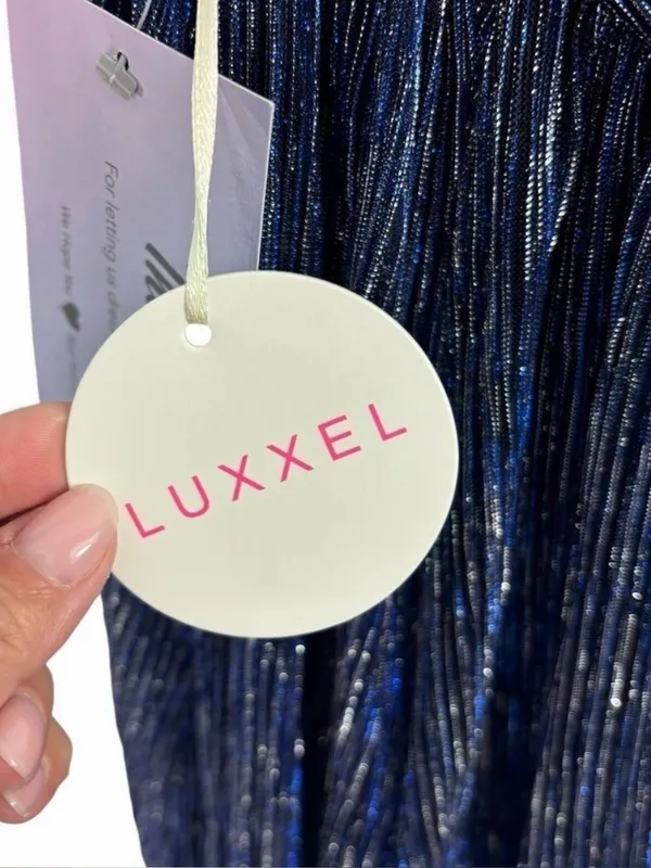 Luxxel Lulus Magical Looks Sparkly Maxi Dress Navy Blue Deep V-Neck Metallic Gown NWT S - Image 14