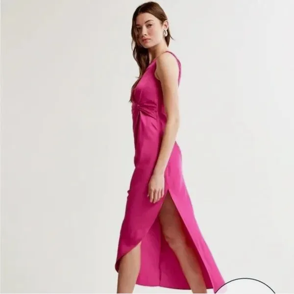 Abercrombie & Fitch One-Shoulder Satin pink Knotted Midi Dress Size XXS like new - Image 10