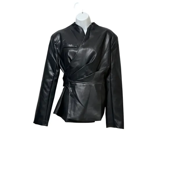 Missguided Womens Faux Leather Wrap Jacket Black Peplum Stand Collar medium - Image 3