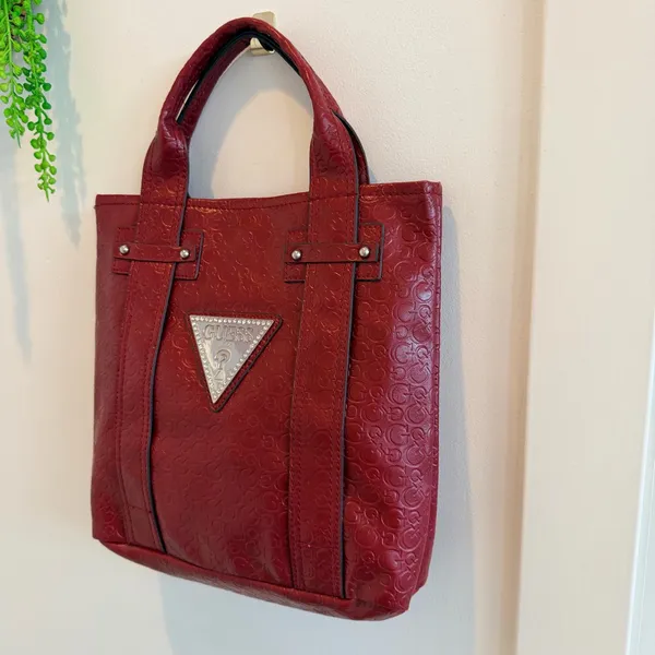 GUESS Y2K Burgundy Monogram Hand Bag Signature Silver Triangle Rhinestone Logo - Image 6