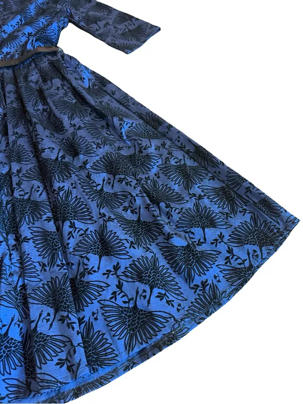 Voodoo Vixen Blue Black Bird Print Belted Fit Flare Midi Dress Medium Women's - Image 14