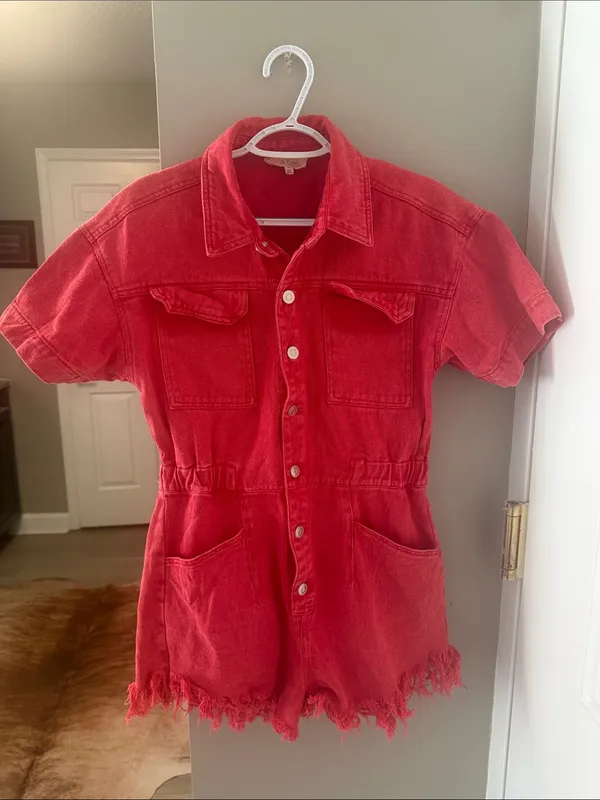 Peach Love California Red Denim Utility Romper Size Medium Western Boho - Image 2