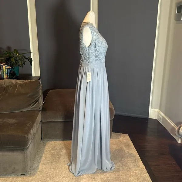Women’s Blue Gray Chiffon & Lace Full Length Bridesmaid Formal Dress Size 12 NWT - Image 3