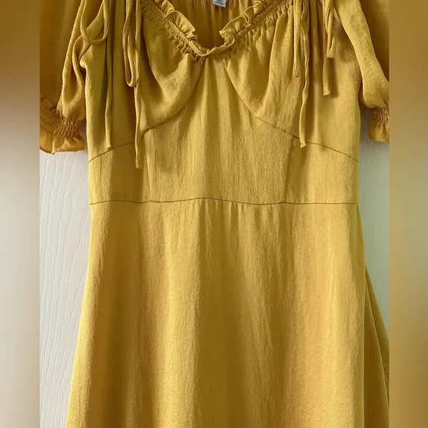 👗🌺Anthropologie Yellow Midi Dress M 6 8 Boho Cottagecore Puff Sleeve Ruffle Trim - Image 12