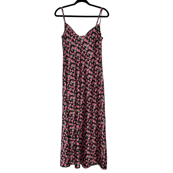 WAYF Floral Satin Slip Midi Dress Large‎ Black Side Slit Cowl Neck - Image 3