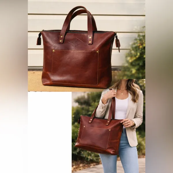 Lifetime Leather Co Brown Leather Large Tote Bag USA Handmade Zip Top - Image 2