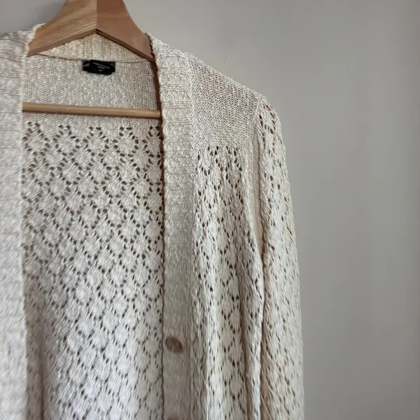 Eddie Bauer Pointelle Open Knit Cardigan XS Cream Womens Cotton Sweater - Image 2