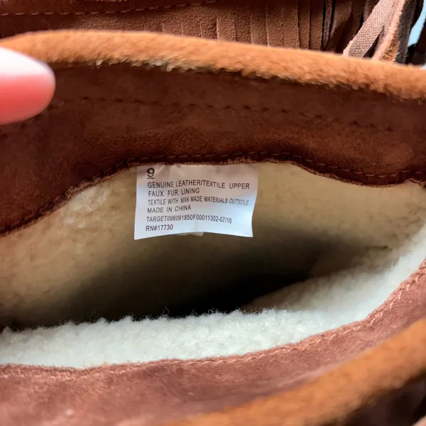 Mossimo Brown Suede Leather Fringe Moccasin Boots Womens 9 Faux Fur Lined Boho - Image 2