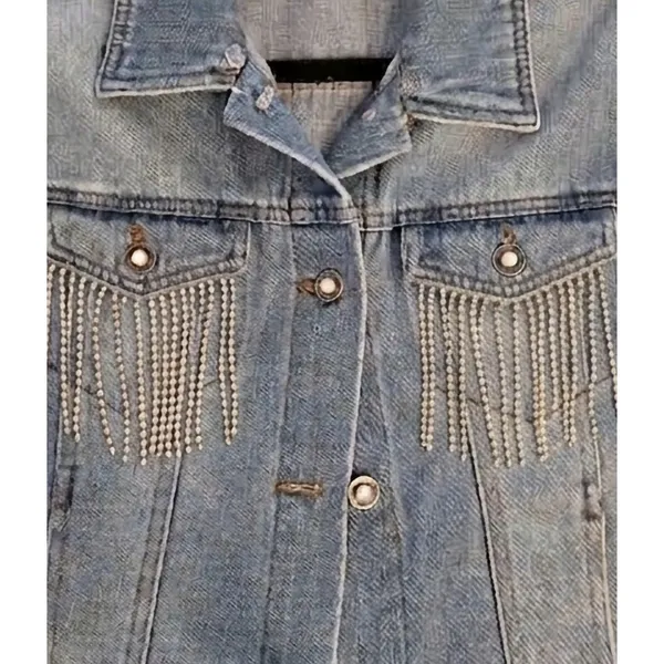 Working Title Denim Jacket Rhinestone Fringe Gray Knit Sleeves Pearl Buttons M - Image 2