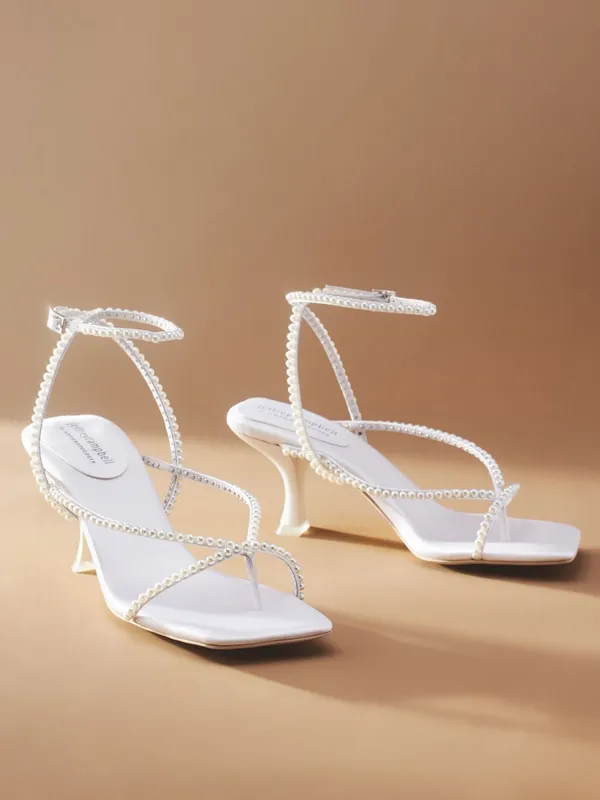 NWOT Free People Jeffrey Campbell White Pearl-Strap Kitten Heel Sandals - Image 2