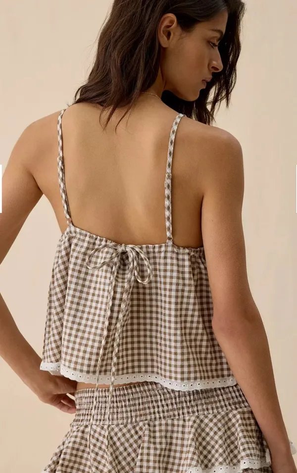 Urban Outfitters Daisy Street Coconut Brown Gingham Lace Trim Top & Ruffle Shorts - Image 4