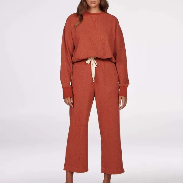 Charlie Holiday Rust Waffle Knit Sweatshirt Wide Leg Pants Lounge 2 Piece Set - Image 3